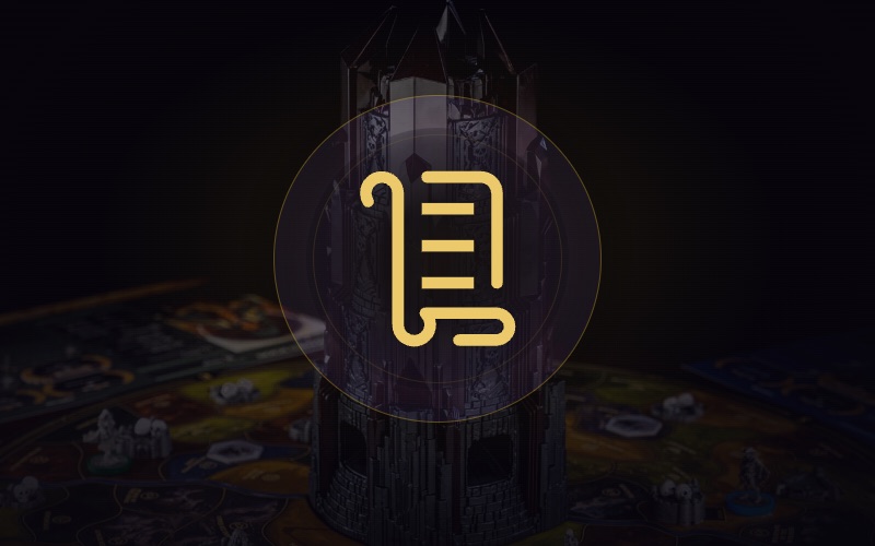The Return to Dark Tower tower and board, with the quest scroll glyph struck over it