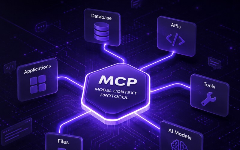 Model Context Protocol — a hub wired to tools, files, APIs, and AI models